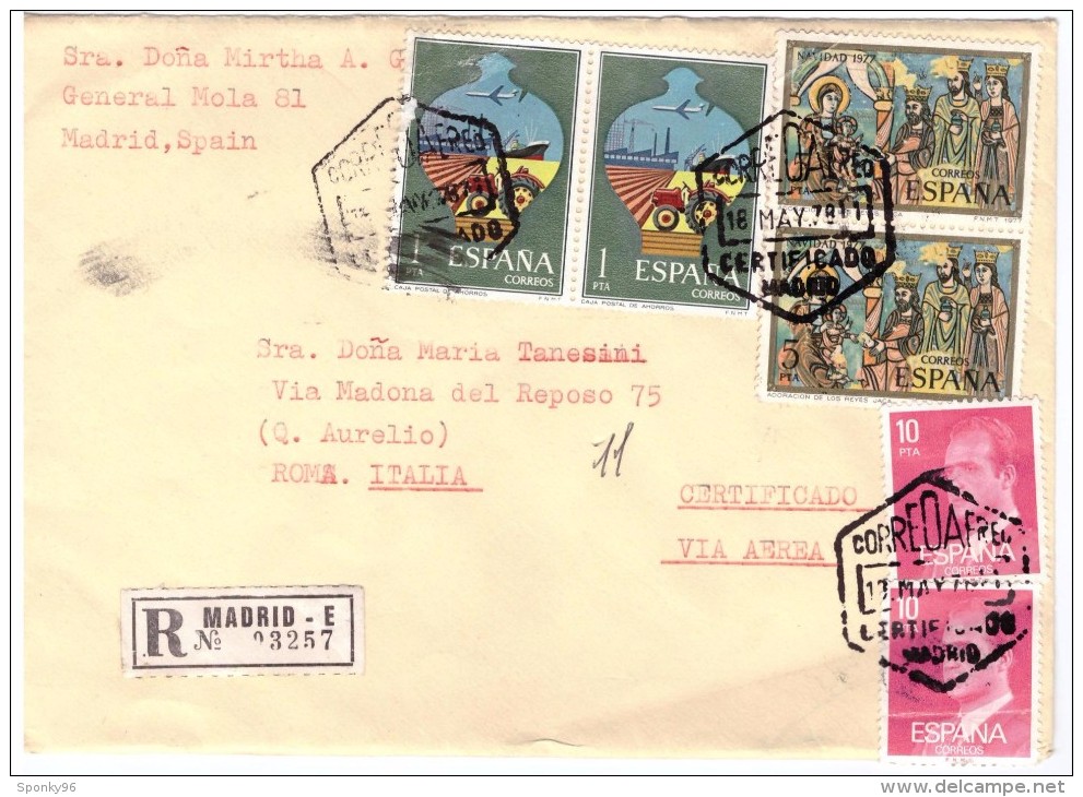 STORIA POSTALE - SPAGNA - ESPANA - ANNO 1978 - AIR MAIL - RACCOMANDATA N° 03257 - MADRID - DA DONA MIRTHA - PER MARIA - Storia Postale