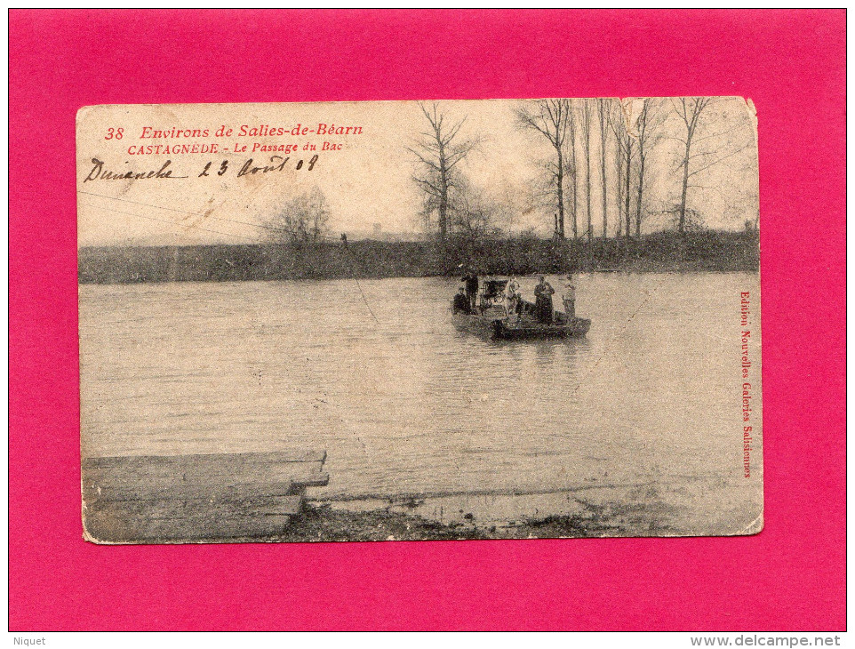 Environs De Salies De Béarn, CASTAGNEDE, Le Passage Du Bac, Animée, 1908, (Nlles Galeries Salisiennes), 64 Pyrénées-Atla - Salies De Bearn