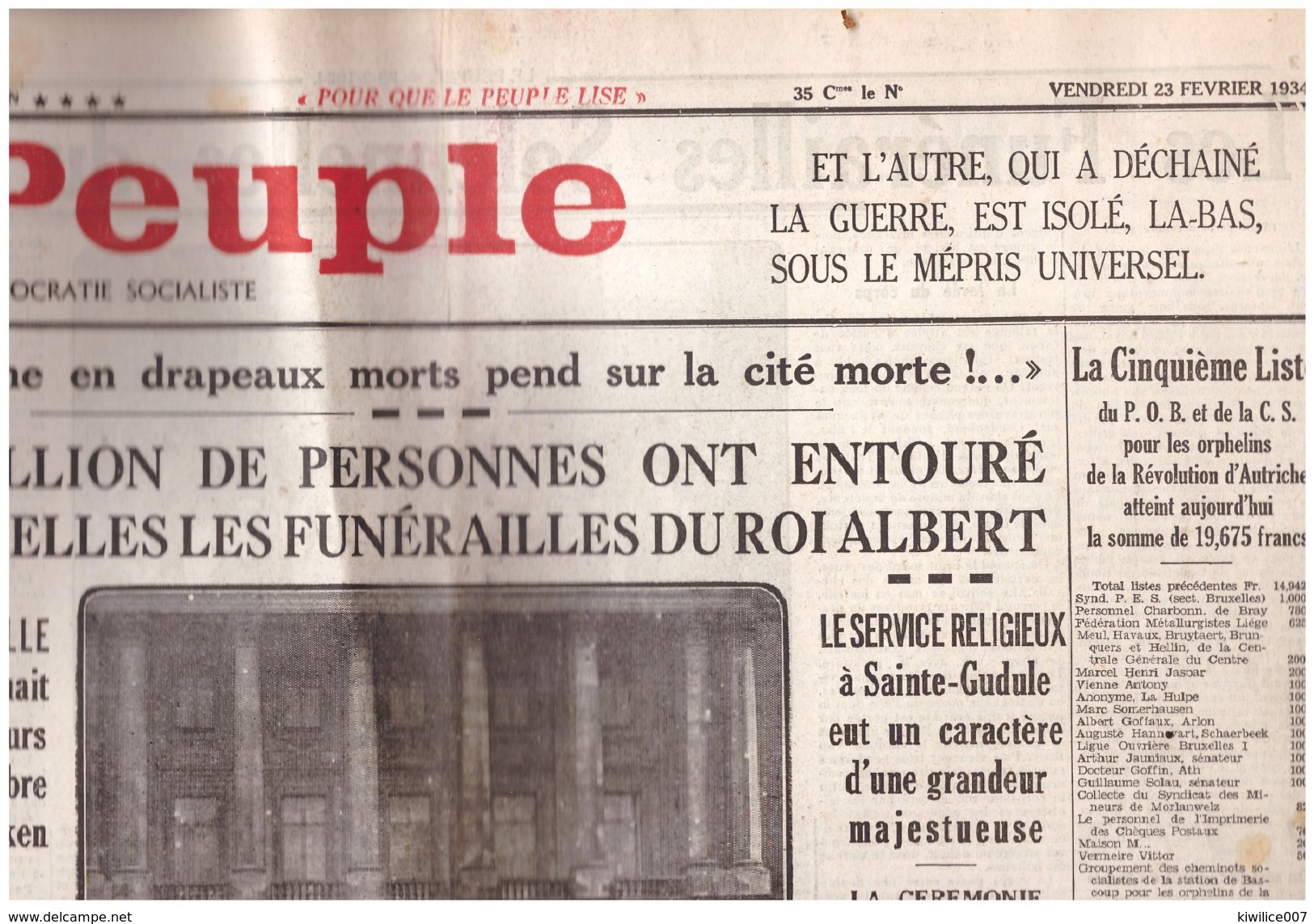 54 JOURNAL LE PEUPLE    Mort ET Funerailles  Du Roi ALBERT   23 Fevrier 1934 - Le Peuple