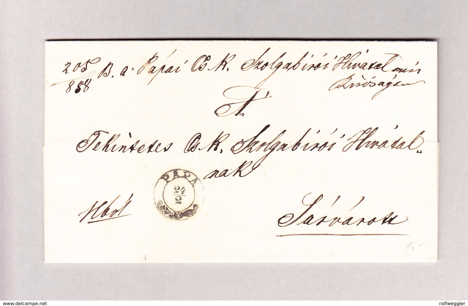 Ungarn PAPA 24.2.1858 Vorphila Brief Nach Sarvar - ...-1867 Voorfilatelie