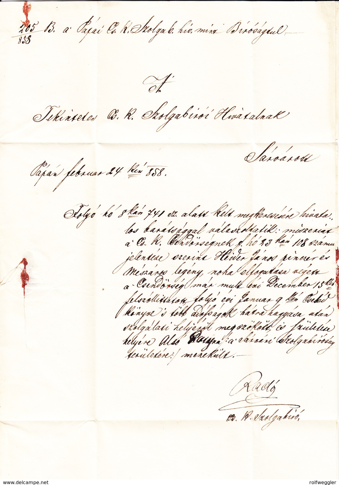 Ungarn PAPA 24.2.1858 Vorphila Brief Nach Sarvar - ...-1867 Voorfilatelie