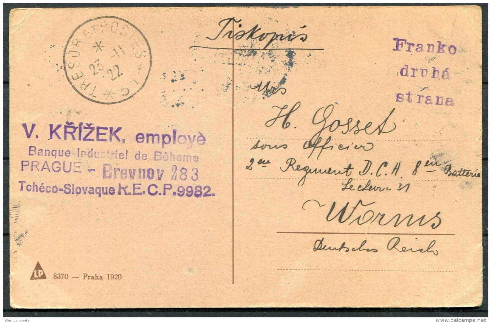 1922 Prague Praha Postcard - Worms, Germany Military Tresor Postes, 2nd Regiment D.C.H. Bth Batterie - Covers & Documents