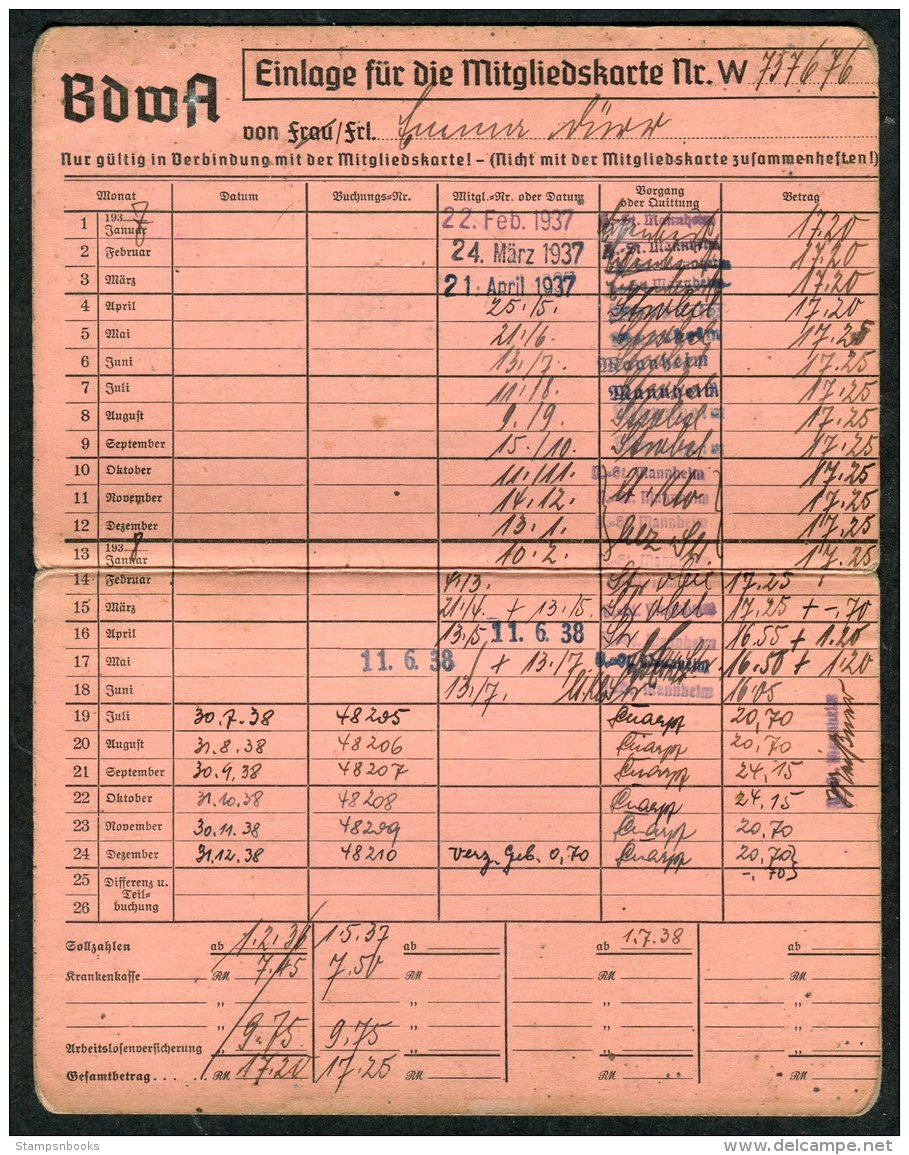 1935+ Germany DR Hamburg Ausgabe Mitgliedskarte Mannheim BDWA - 1900 – 1949