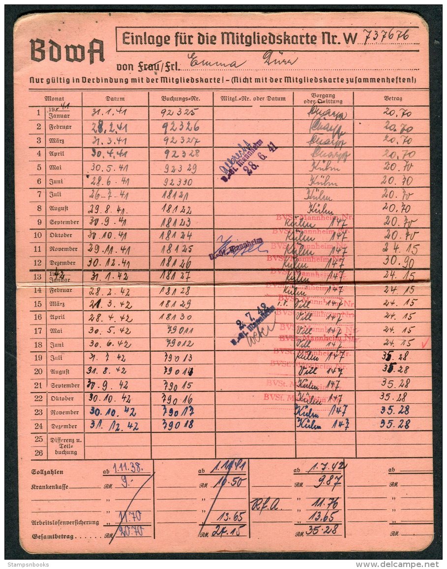 1935+ Germany DR Hamburg Ausgabe Mitgliedskarte Mannheim BDWA - 1900 – 1949