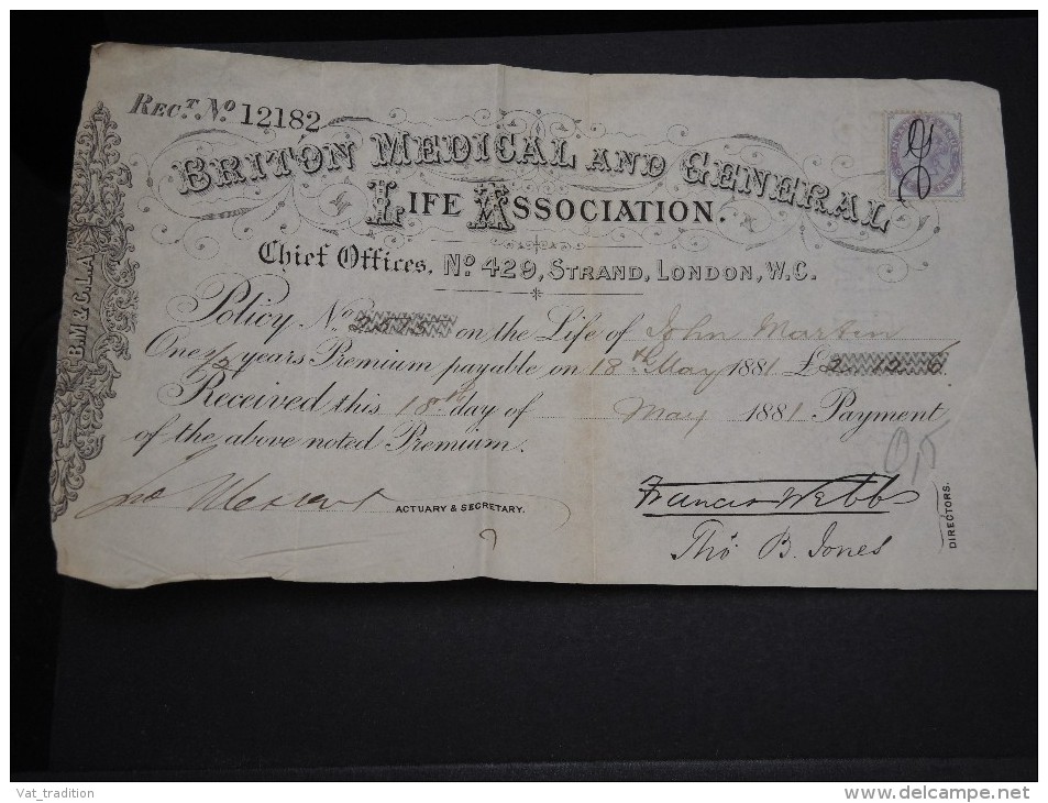 GRANDE BRETAGNE - Document Avec Timbre Fiscal En 1881 - A Voir - L 2400 - Fiscale Zegels