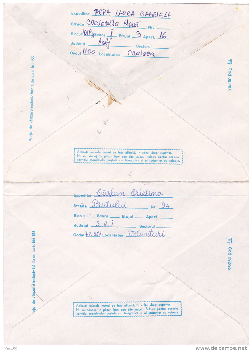 # BV 2829  ERROR , DIFFERENT COLOR, DIFFERENT , COVER STATIONARY,  SENT TROUGH MAIL, VASILE GR. CRISTESCU, 1995, ROMANIA - Plaatfouten En Curiosa