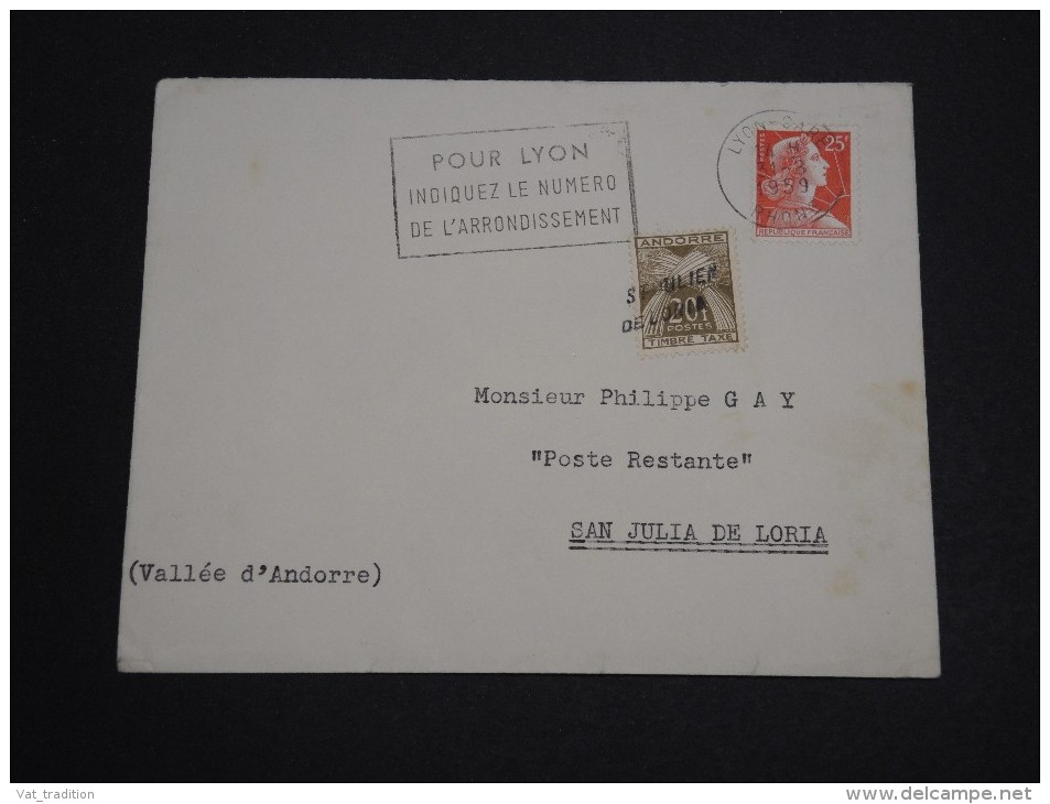 ANDORRE FRANÇAIS - Enveloppe De Lyon Avec Taxe De St Julien De Loria En 1959 - A Voir - L 2415 - Covers & Documents
