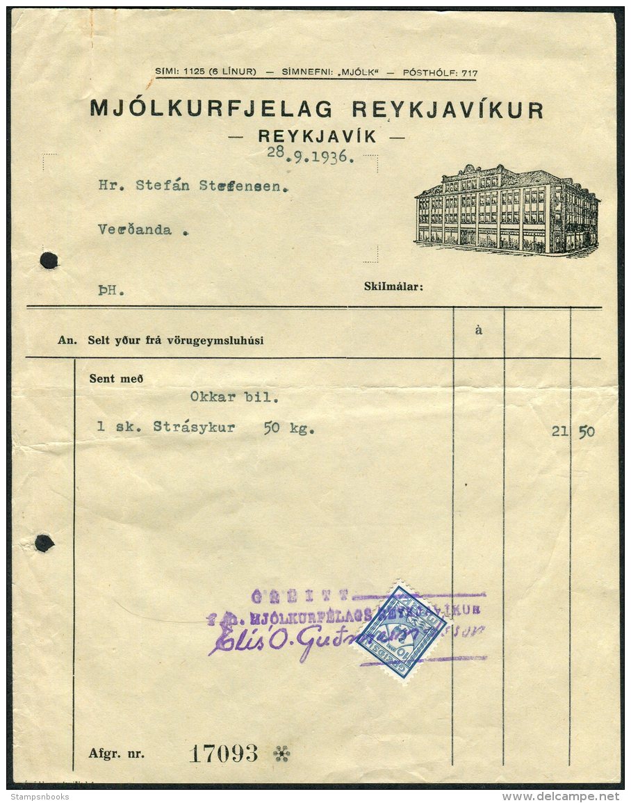 1936 Iceland Mjolkurfjelag Reykjavikur Department Store Receipt, Reykjavik Ram Revenue Fiscal - Covers & Documents