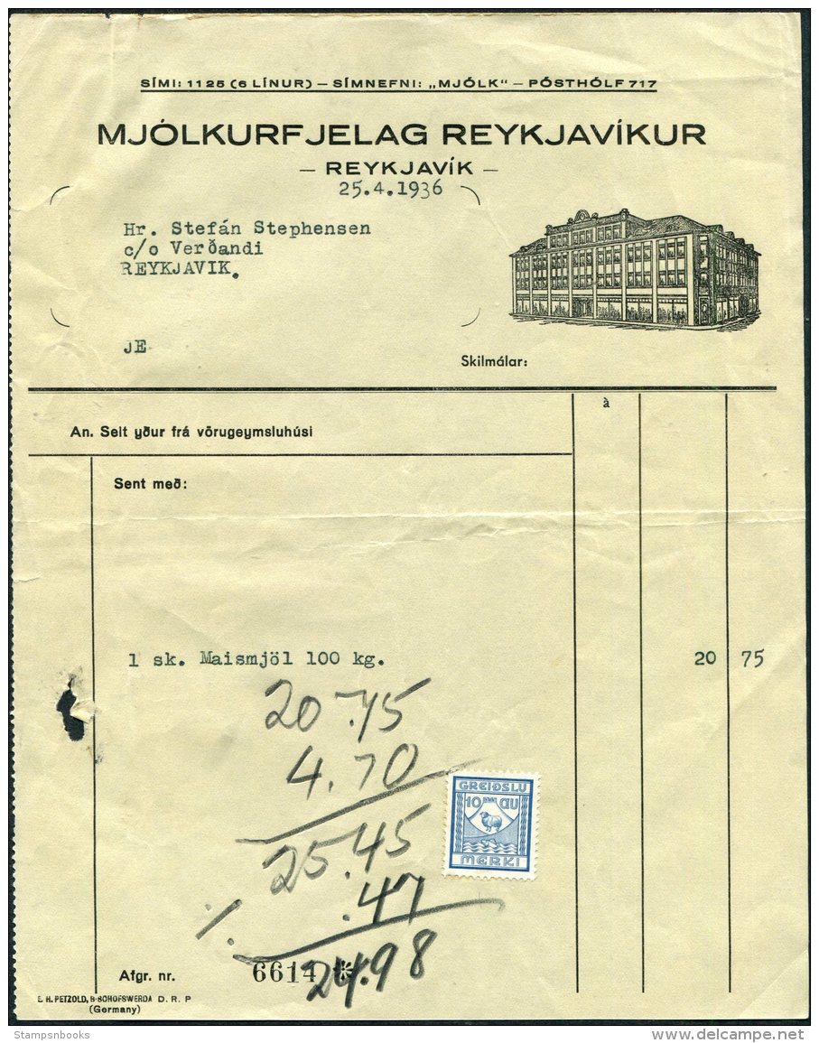 1936 Iceland Mjolkurfjelag Reykjavikur Department Store Receipt, Reykjavik Ram Revenue Fiscal - Lettres & Documents