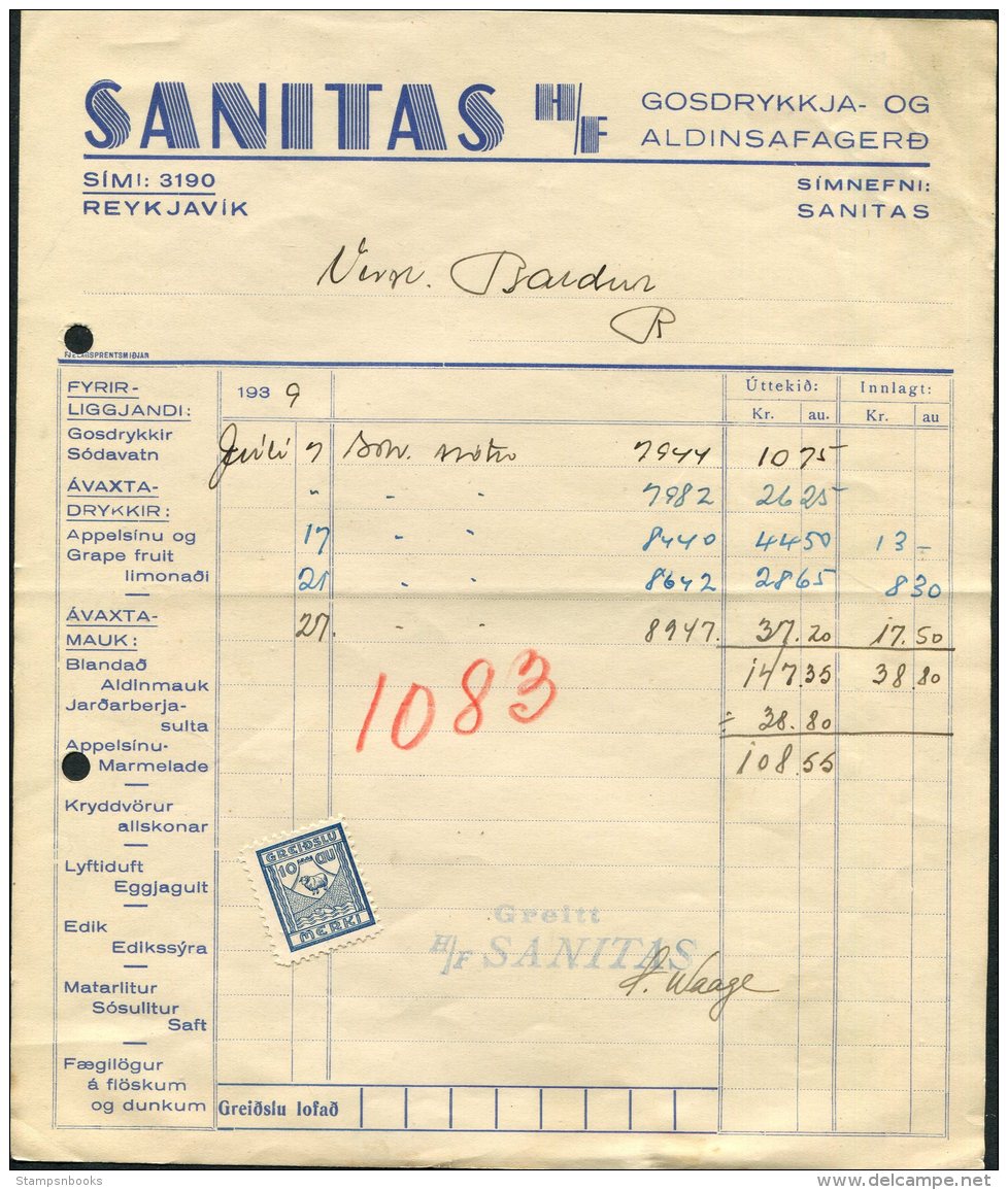 1939 Iceland Sanitas Shop Receipt, Reykjavik Ram Revenue Fiscal - Covers & Documents