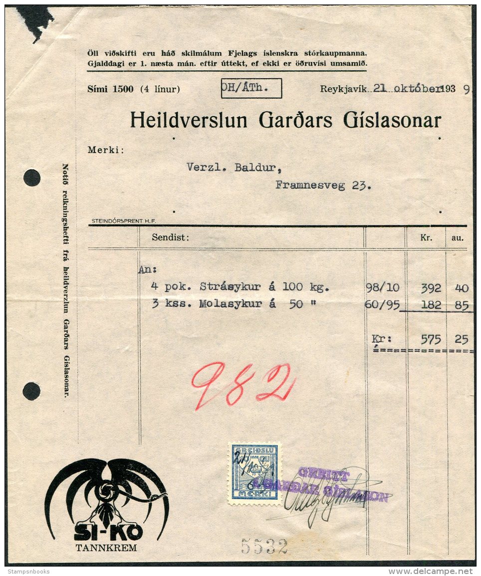 Iceland Heildverslun Gardars Gislasonar SI-KO Tannkrem Shop Receipt, Reykjavik Ram Revenue Fiscal - Covers & Documents