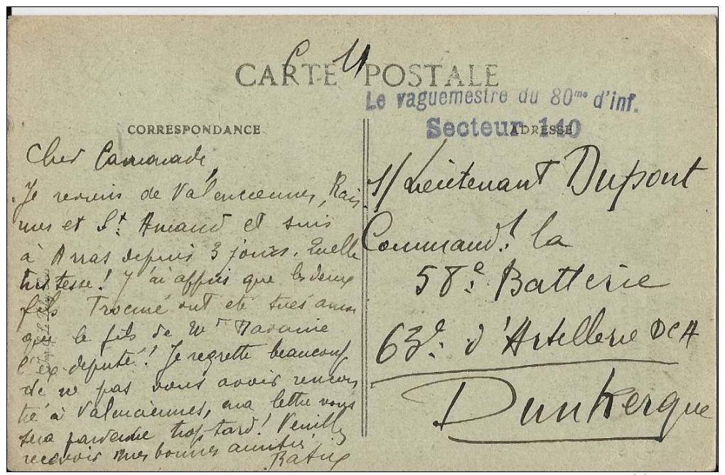 MARQUE 80 E D'INFANT. - SECTEUR 140 SUR CPA - ARRAS-LA TOUR DES URSULINES-RUE GAMBETTA - 1914-18