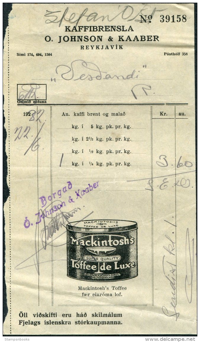 1932 Iceland Kaffibrensla O. Johnson &amp; Kaaber, Reykjavik Shop Receipt / Mackintosh's Toffee De Luxe Illustrated Adve - Other & Unclassified