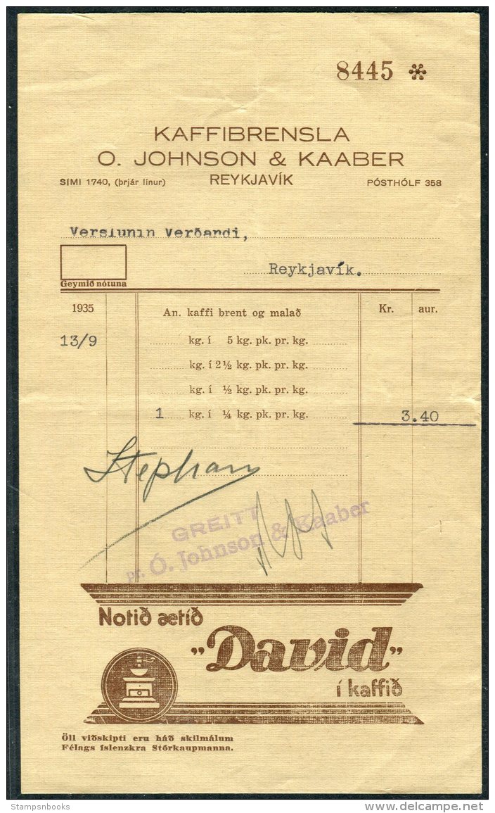 1935 Iceland Kaffibrensla O. Johnson &amp; Kaaber, Reykjavik Shop Receipt / Coffee Advert - Other & Unclassified