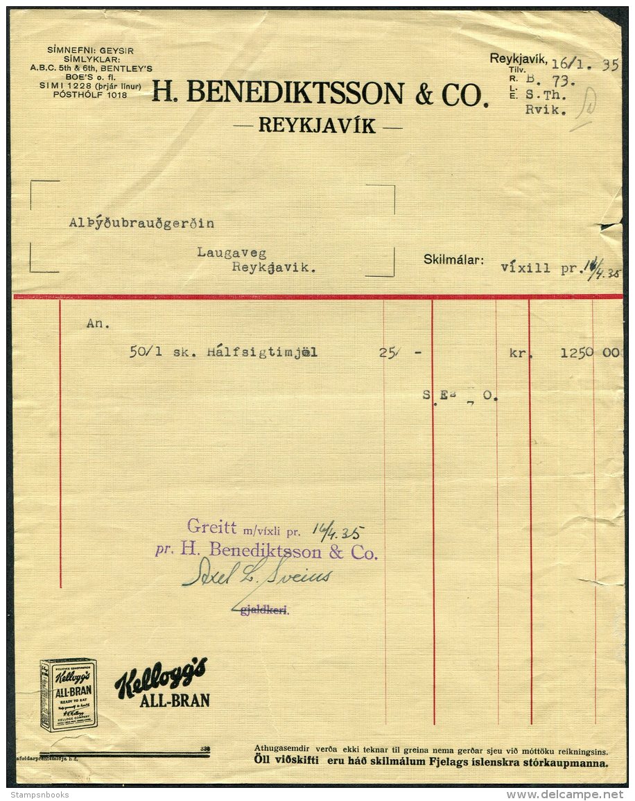 1935 Iceland Benediktsson &amp; Co. Reykjavik Kellogg's All-Bran Illustrated Advertising Receipt - Other & Unclassified