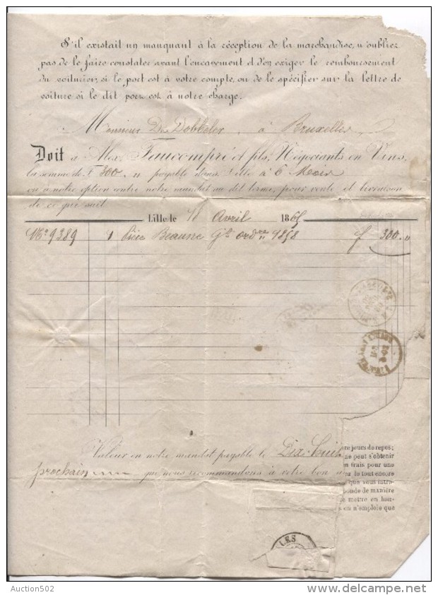 TP 22(2) S/L.de A.Faucompré Vins&spiritueux C.Lille 19/4/1865 +ambt France Par Midi 1 V.Bruxelles St-Josse-Ten-Noode - 1849-1876: Période Classique