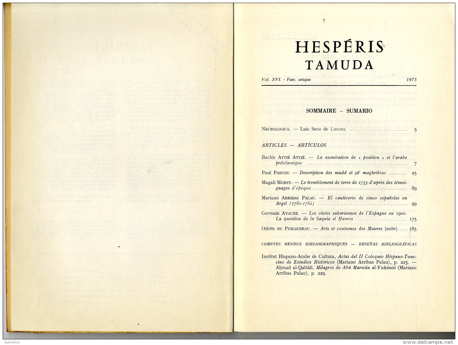HESPERIS TAMUDA  -  VOL XVI   -  1975   -  230 PAGES - 18 Ans Et Plus