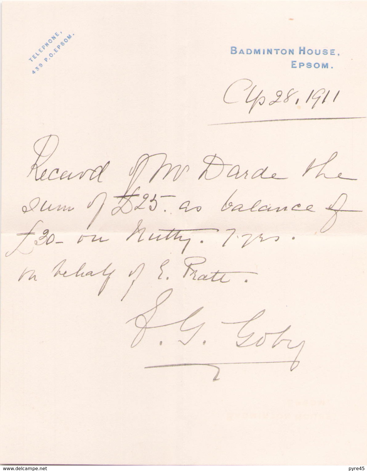 LETTRE A EN TETE DE BADMINTON HOUSE EPSOM EN 1911 - Ver. Königreich