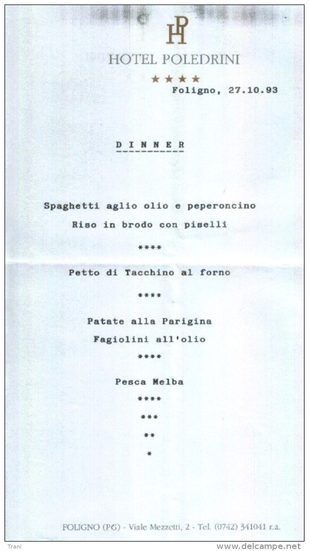 FOLIGNO - HOTEL POLEDRINI.- Anno 1993 - Menus