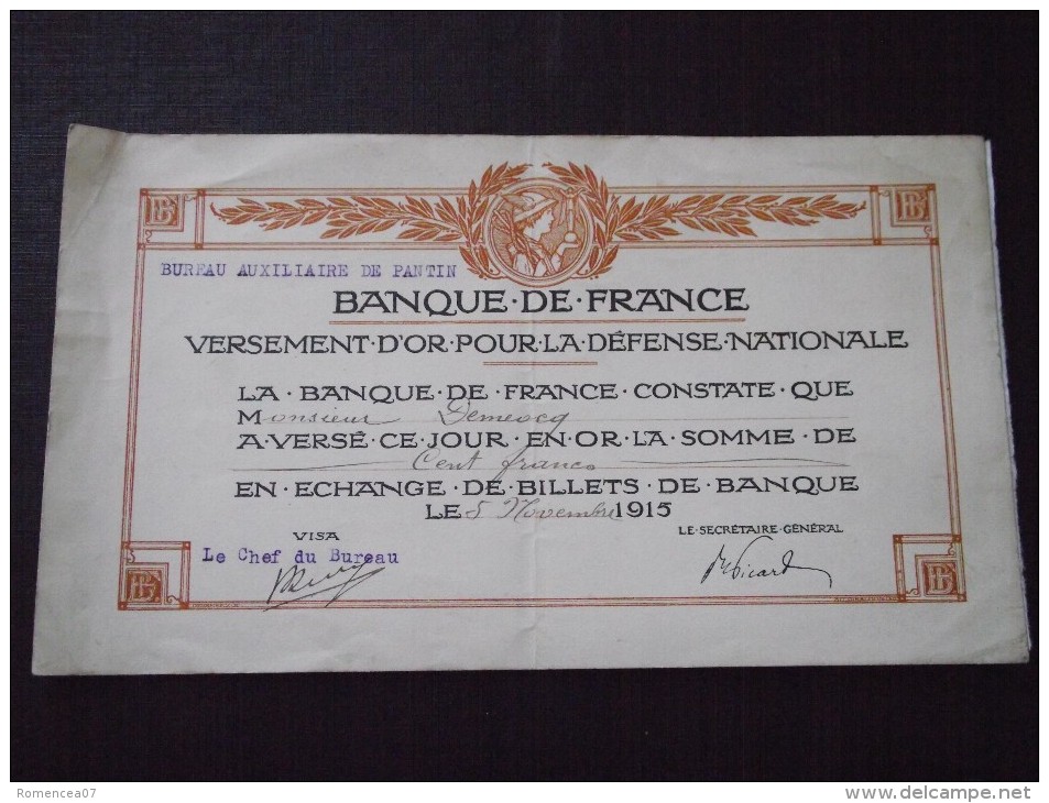 BUREAU De PANTIN - RECU De VERSEMENT D´OR Pour La DEFENSE NATIONALE - BANQUE De FRANCE - 5 Novembre 1915 - Guerre - WW1 - Banque & Assurance