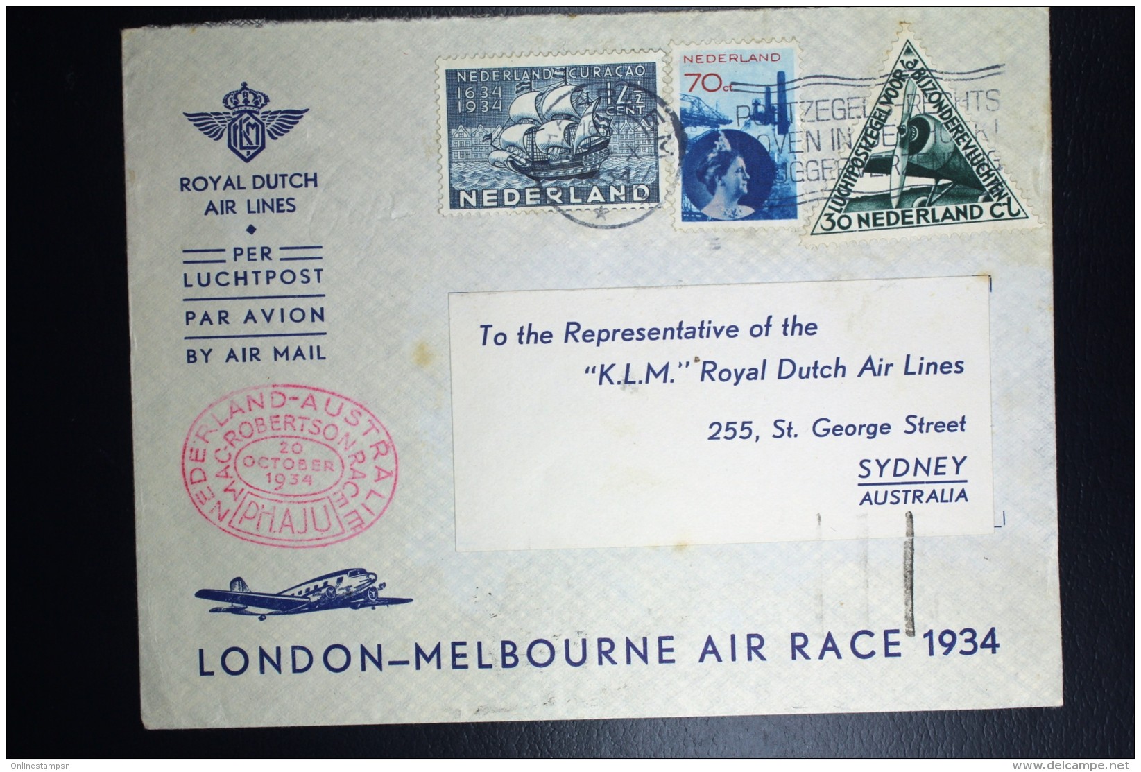 Netherlands: Mac Robertson Air Race UIVER PH.AJU Haarlem Vlagstempel Amsterdam London Sydney  Vlieg Hol 98  1934 - Brieven En Documenten