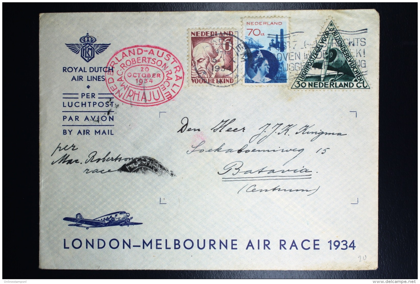 Netherlands: Mac Robertson Air Race UIVER PH.AJU Haarlem Vlagstemp London Sydney  Vlieg Hol 98  1934  Snelvlucht Stempel - Brieven En Documenten