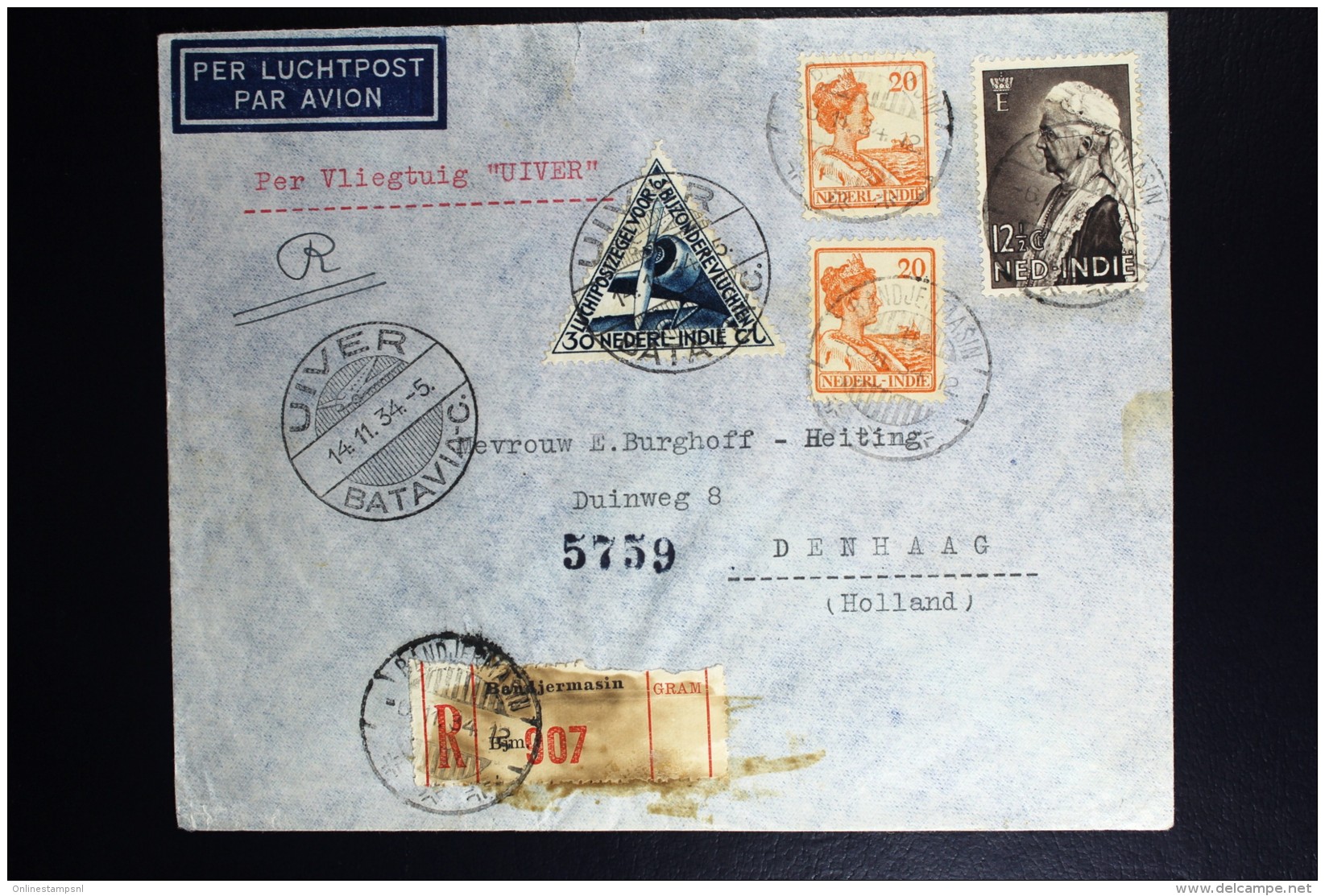 Netherlands East Indies UIVER Return Flight Aangetekend Bander Masir Zuid Kalimmantan Den Haag 1934 - Niederländisch-Indien