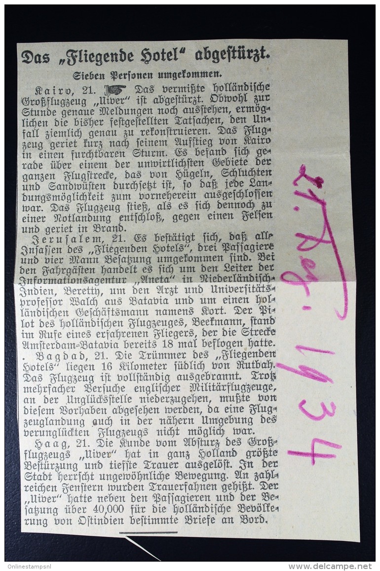 Netherlands East Indies UIVER Return Flight Tjepoe  Batavia Bern Schweiz 1934 + Krant Fliegende Hotel Abgestürzt - Nederlands-Indië