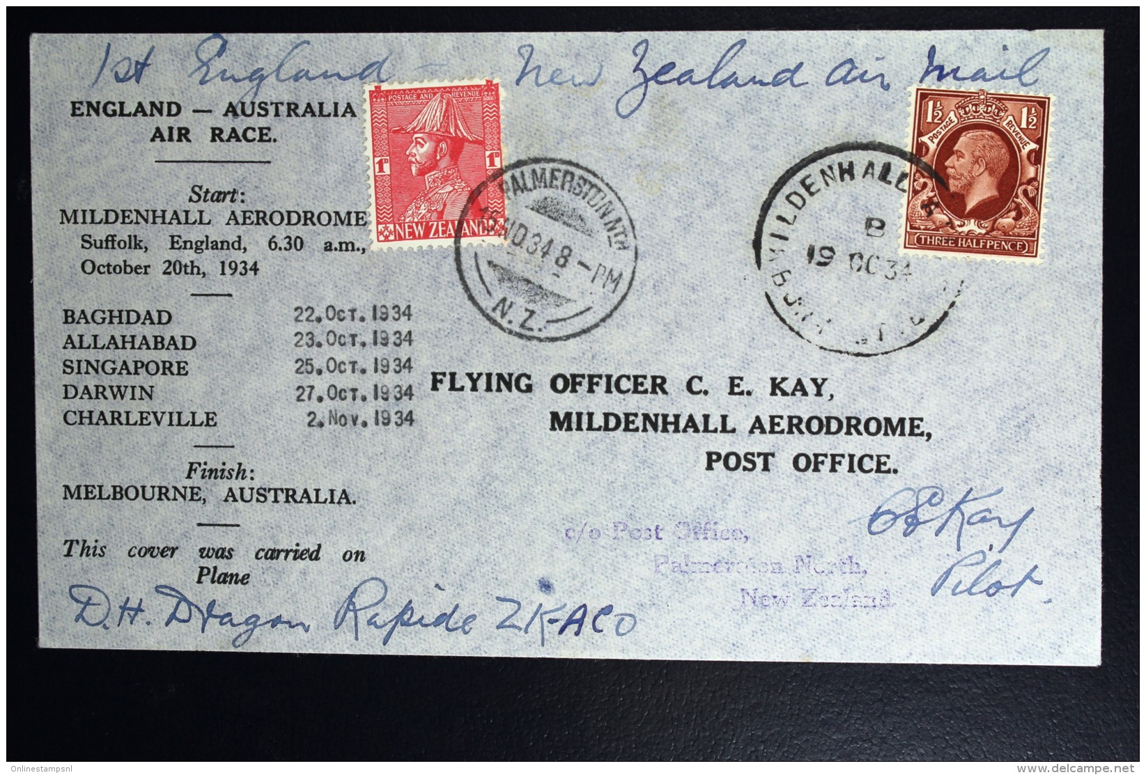 UK Mildenhall Australia NZ  Mac Robertson Air Race 1934 Dragon Rapide Signed By CE Kay Pilot  1 Of Only 53 Letters. - Covers & Documents