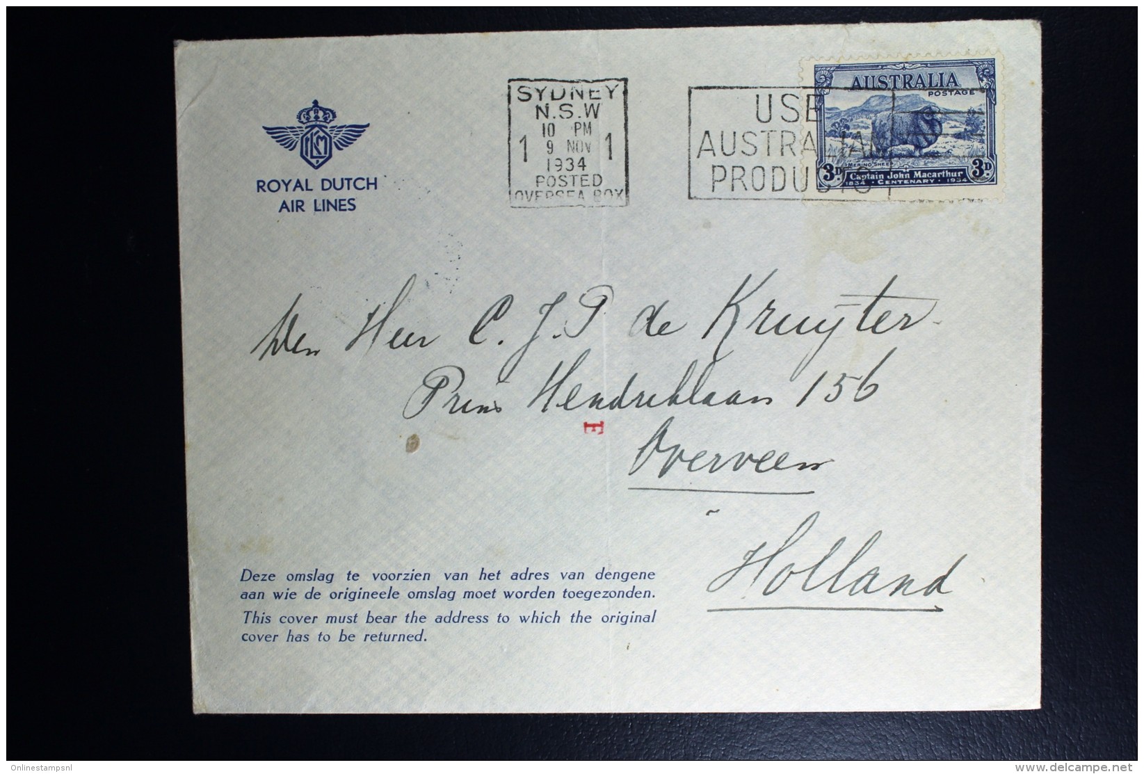 Australia: KLM Line UIVER Return Flight From  Mac Robertson Air Race Overveen Holland - Lettres & Documents