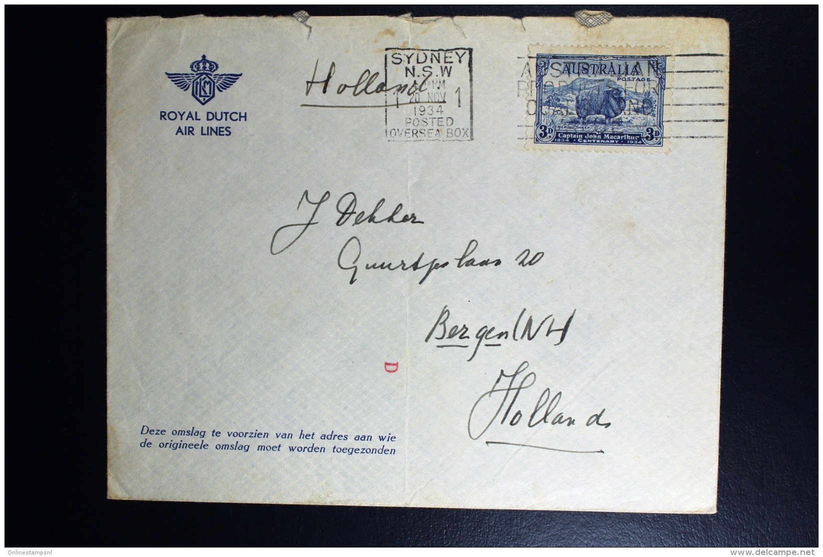 Australia: KLM Line UIVER Return Flight From  Mac Robertson Air Race Bergen NH Holland - Lettres & Documents