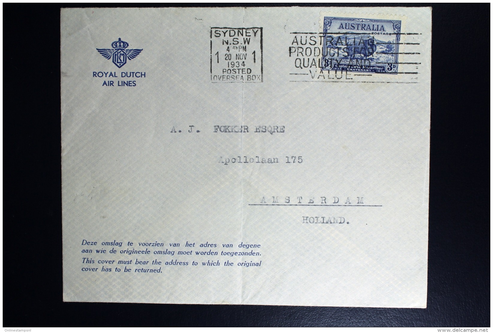 Australia: KLM Line UIVER Return Flight From  Mac Robertson Air Race Amsterdam Holland - Lettres & Documents