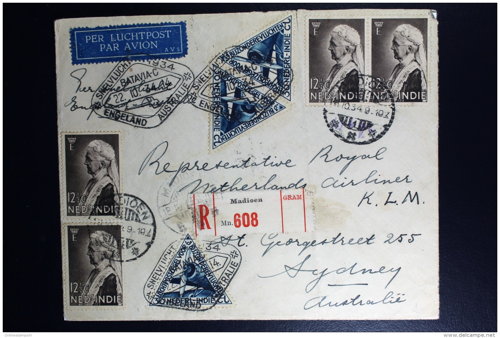 Netherlans East Indies Madioen  To Sydney  Registered Cover  Uiver Snelvlucht 1934 - Niederländisch-Indien