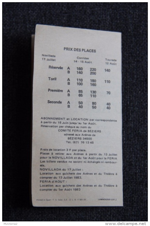 Dépliant Publicitaire Pour La FERIA De BEZIERS , Temporada 1983 - Publicités