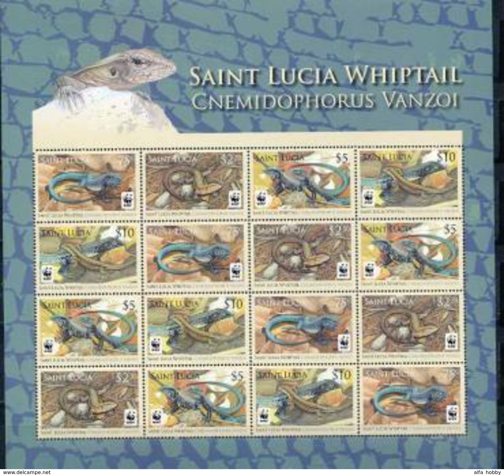 St.Lucia, Lizards,  WWF, 2008, Sheet 4x4 - Unused Stamps