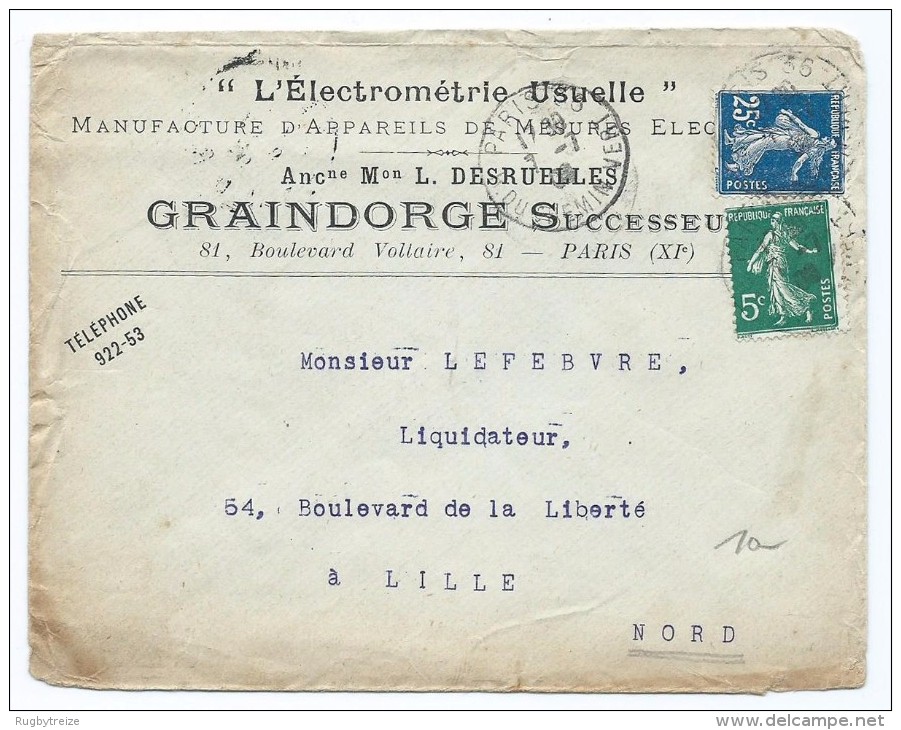 1553 - Lettre 1908 L' Electrométrie Usuelle DESRUELLES  GRAINDORGE Boulevard Voltaire Paris Semeuse Pour Lille - 1877-1920: Période Semi Moderne