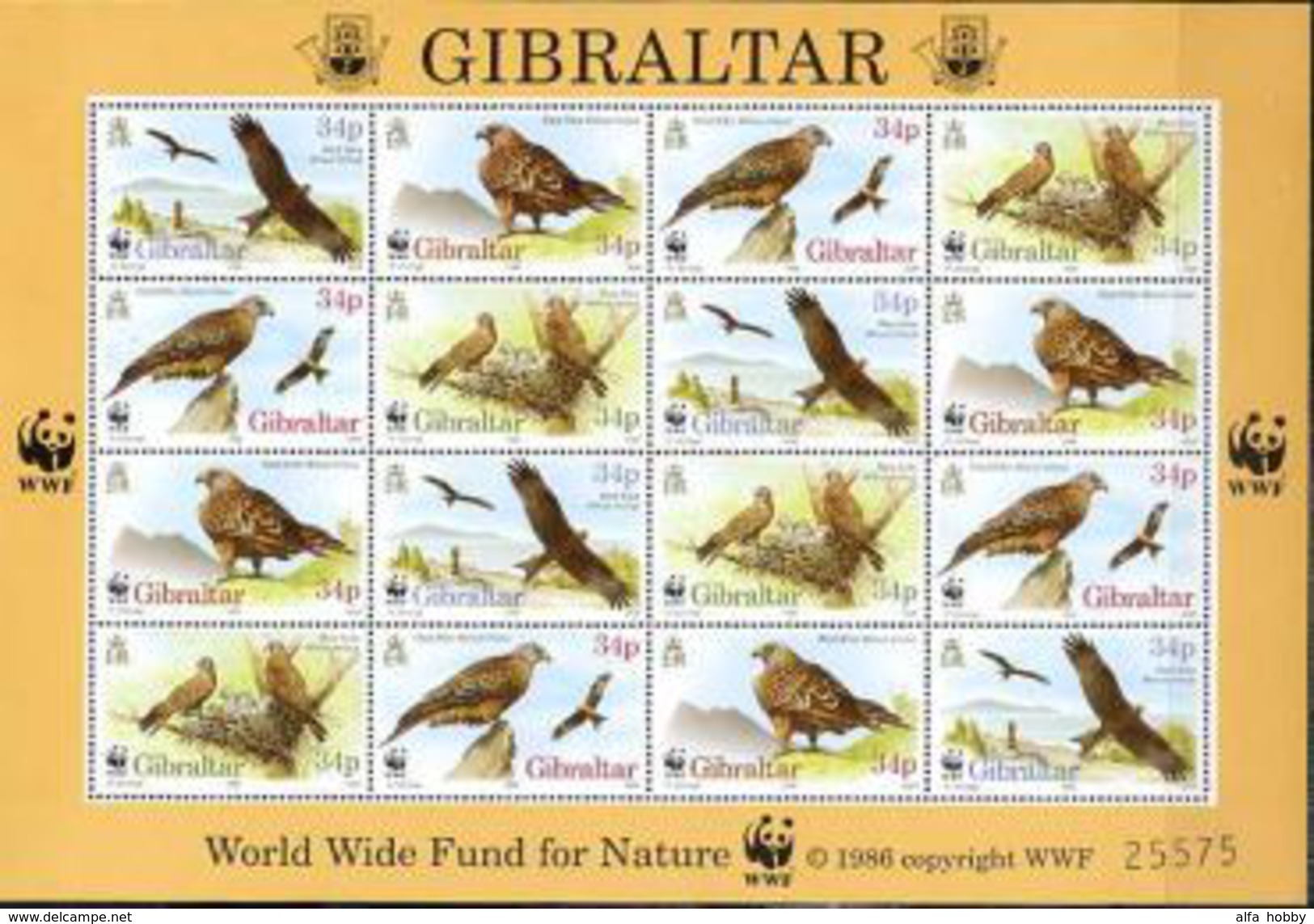 Gibraltar, WWF, Birds, 1996, Sheet Of 4x Block Of 4 - Unused Stamps