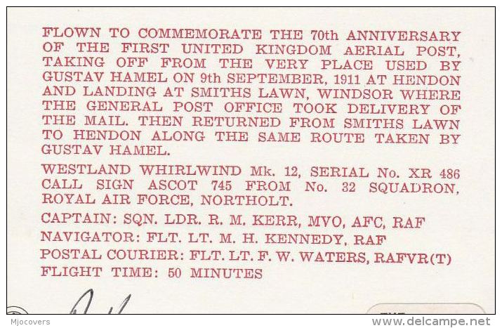 1981 HENDON  GB SIGNED FLIGHT DOVER Flown WESTLAND WHIRLWIND HELICOPTER For ANNIV Of  AIR MAIL SERVICE Aviation Stanps - Helicopters