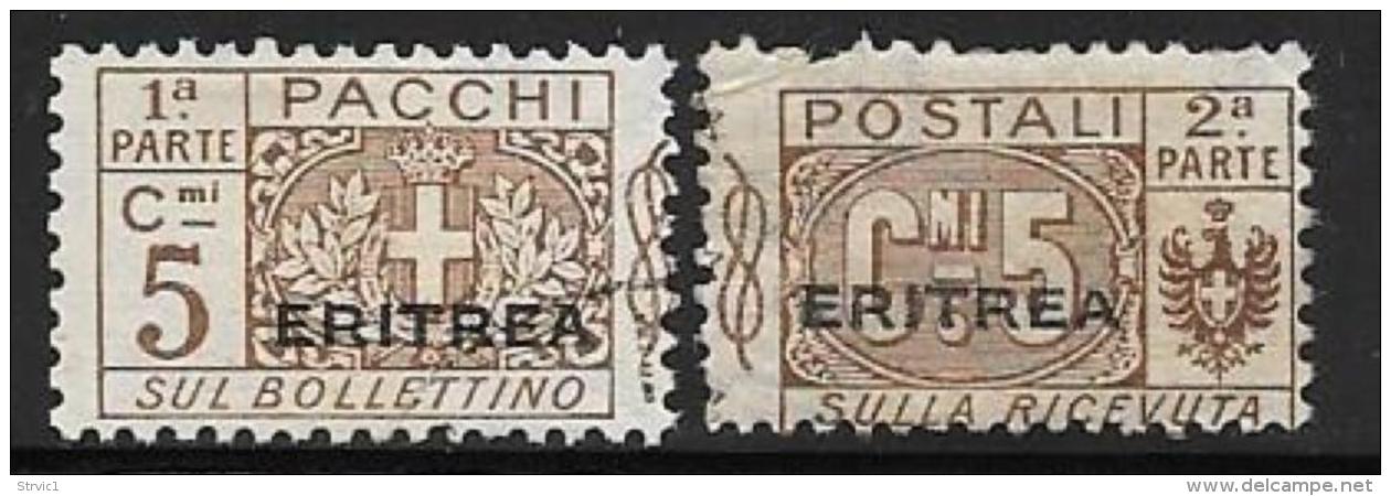 Eritrea, Scott # Q9 Parts 1,2 Italy Parcel Post Stamps Overprinted, 1917, Part 2 Has Short Perf - Eritrea