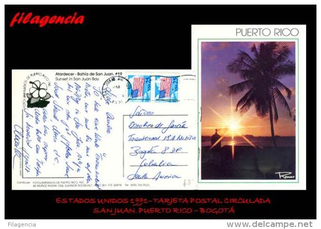 AMERICA. ESTADOS UNIDOS. ENTEROS POSTALES. TARJETA POSTAL CIRCULADA 1991. SAN JUAN. PUERTO RICO-BOGOTÁ. COLOMBIA - Porto Rico