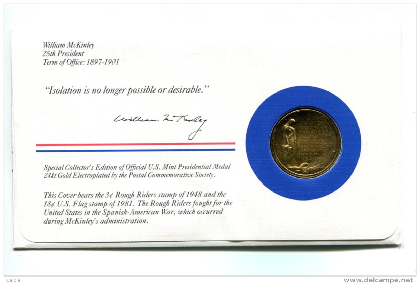 Etats - Unis USA " Presidents Of United States" Gold Plated Medal "" William McKinley "" FDC / BU / UNC - Verzamelingen