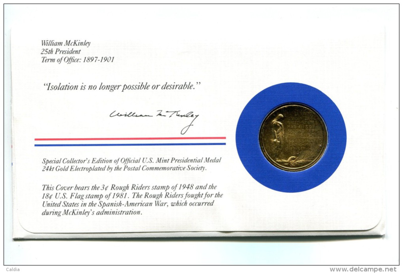 Etats - Unis USA " Presidents Of United States" Gold Plated Medal "" William McKinley "" FDC / BU / UNC - Collections