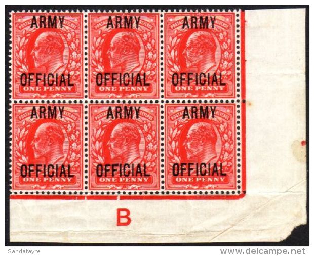OFFICIALS 1902-03 1d Scarlet 'ARMY OFFICIAL' Opt, SG O49, Never Hinged Corner Control "B" Block Of 6, With Longtop... - Non Classificati