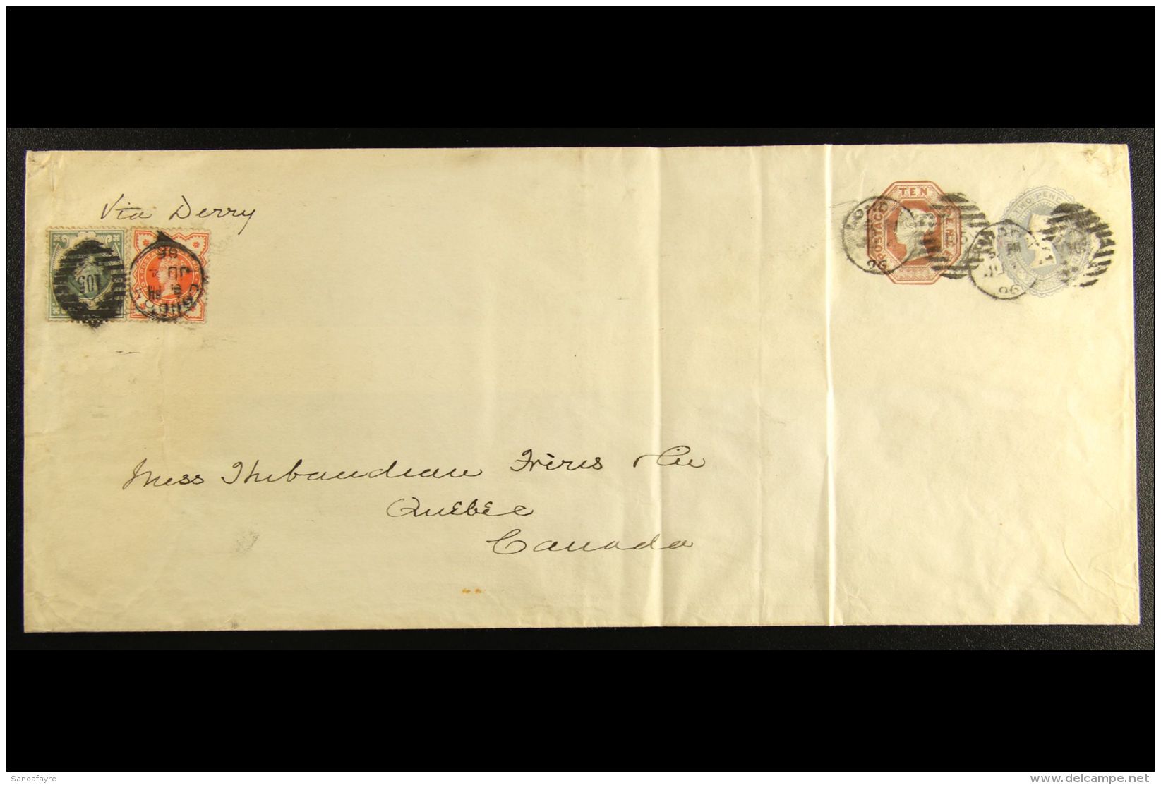 1896 TRANSATLANTIC MAIL TO CANADA 1896 (4 Jun) 10d Embossed Plus 2&frac12;d Large Postal Stationery Envelope To... - Other & Unclassified