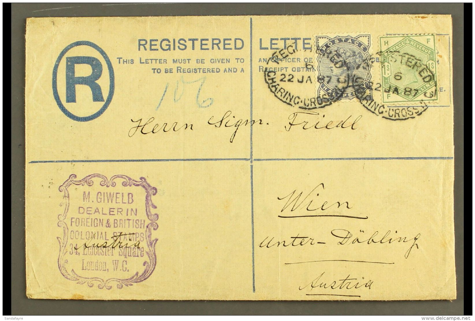 1887 (22 JAN) REGISTERED ENVELOPE TO AUSTRIA A 2d Blue Registered Envelope, Size G, Uprated With 1883-84 1s Dull... - Other & Unclassified