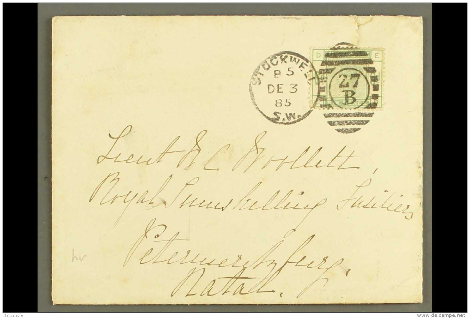 1885 (3 DEC) COVER TO NATAL Bearing 1883-84 6d Dull Green, SG 194, With Good Colour, And Tied By Fine "STOCKWELL /... - Other & Unclassified