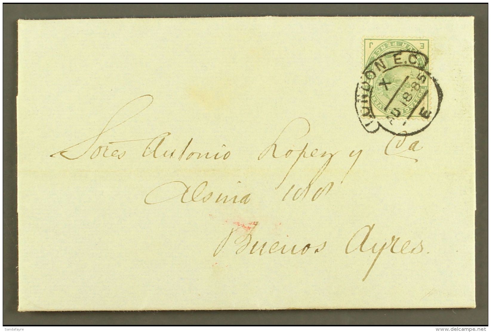 1885 (18 AUG) ENTIRE TO ARGENTINA Bearing 1883-84 4d Dull Green, With Good Colour, And Tied By Very Fine "LONDON... - Other & Unclassified
