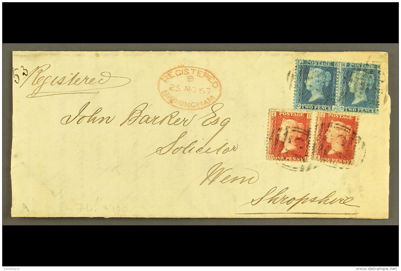 1867 RED + BLUE FRANKING. 1867 (25 Nov) EL Registered From Birmingham To Wem, Shropshire Bearing 1858-79 1d Reds... - Other & Unclassified