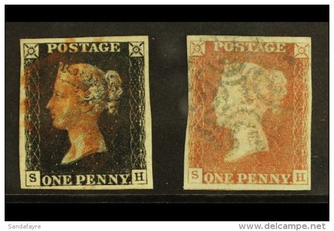 1840 - 1841 MATCHED PAIR 1840 1d Black "SH" Plate 5, 1841 1d Red-brown "SH" Plate 5, Lovely Matched Pair Of Black... - Other & Unclassified