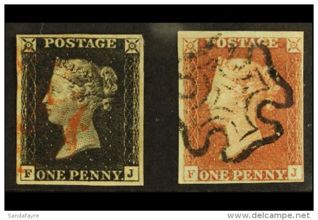 1840 - 1841 MATCHED PAIR 1840 1d Black "FJ" Plate 1b, 1841 1d Red-brown "FJ" Plate 1b, Lovely Matched Pair Of... - Other & Unclassified